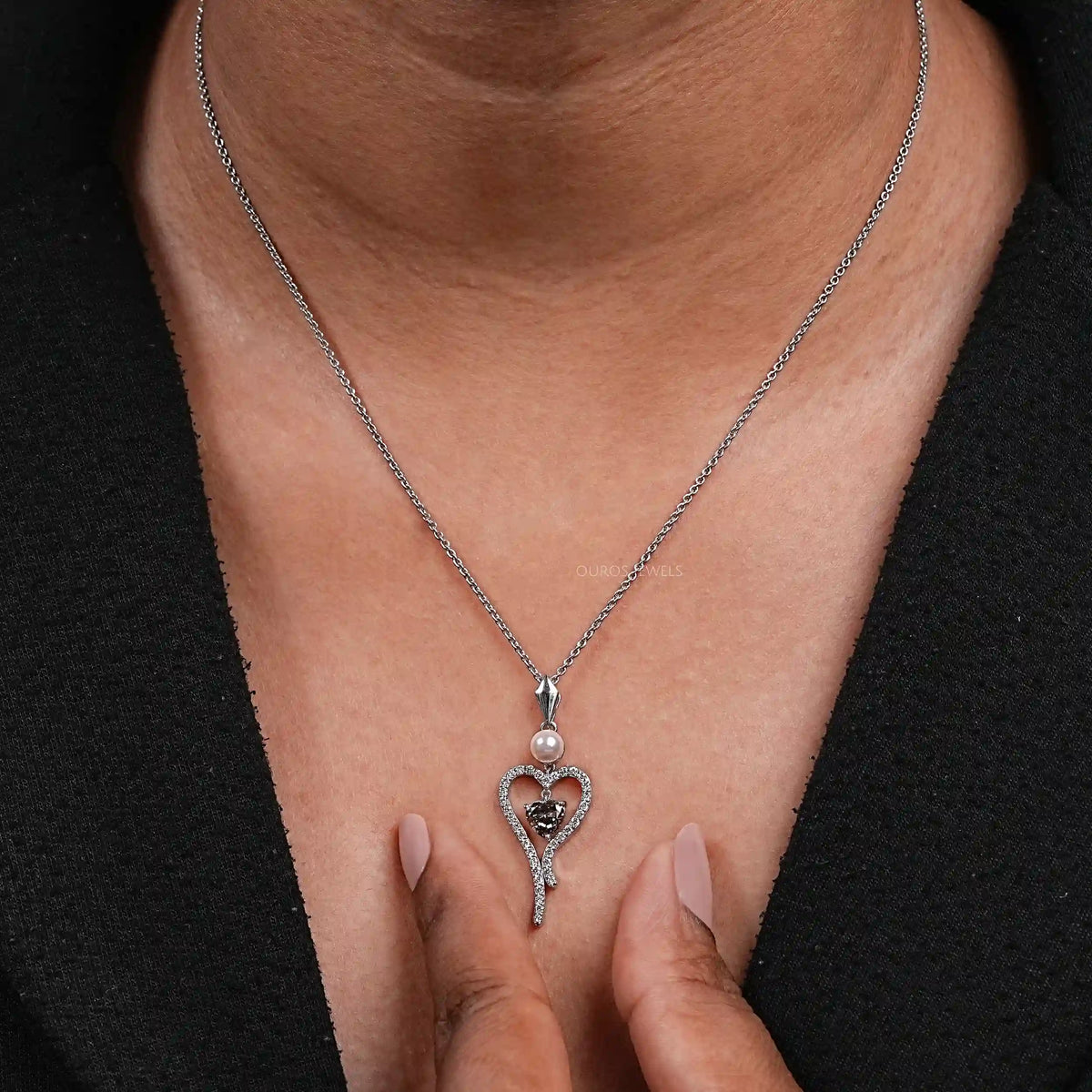 Pearl And Olive Heart Diamond Pendant Necklaces