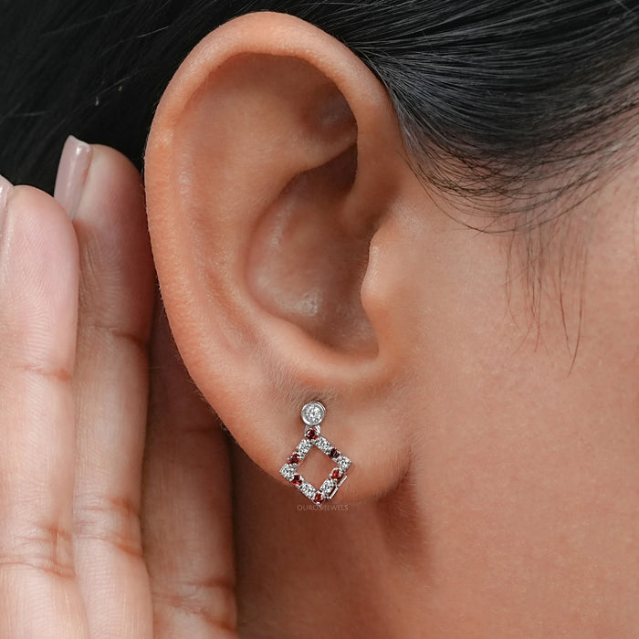 Bezel Set Round Ruby Gemstone Accent Drop Earrings