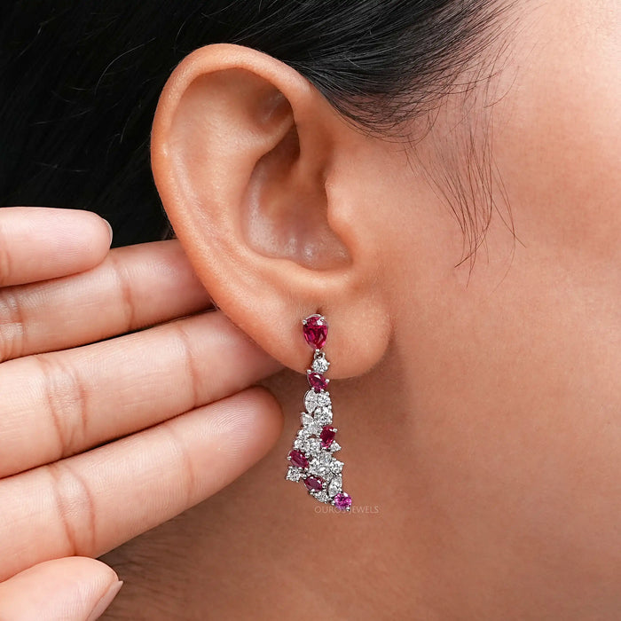 Red Ruby Pear Cut Gemstone Cluster Dangle Earrings