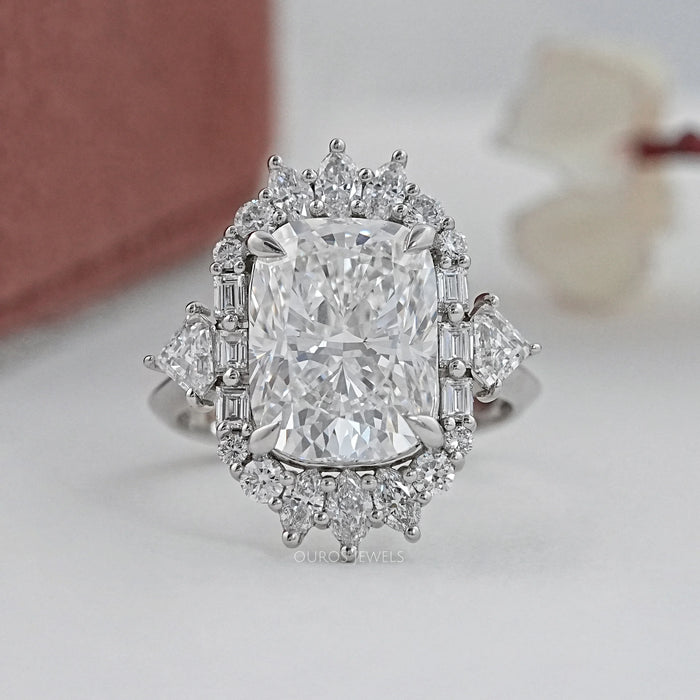 Elongated Cushion Halo Diamond With Baguette & Round Engagement Ring