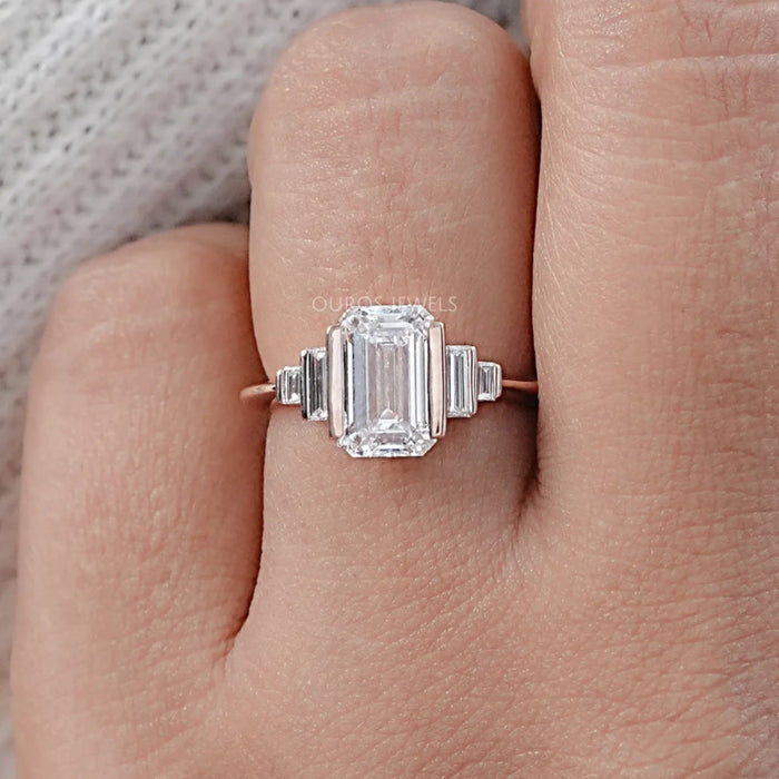 Emerald Half Bezel Set Baguette Diamond Engagement Ring