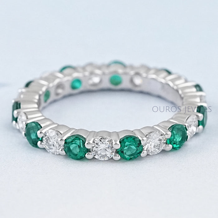 Emerald Gemstone And Round Diamond Eternity Band