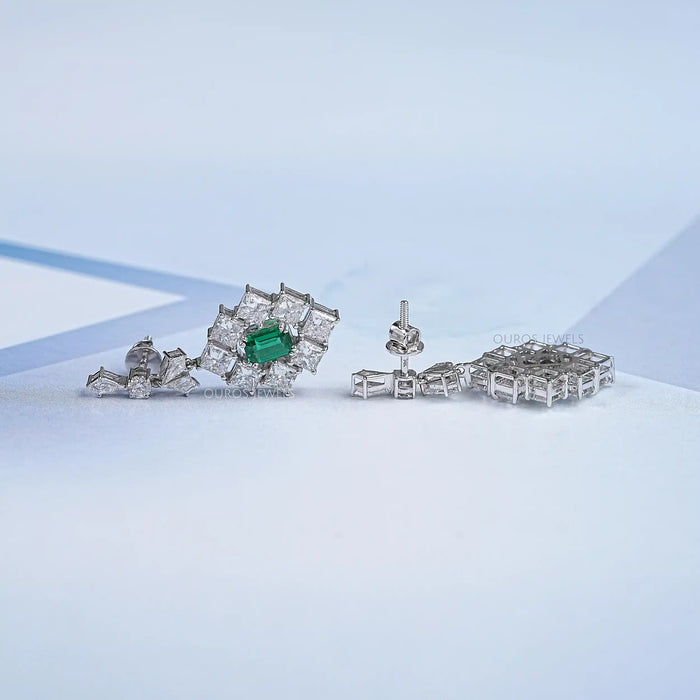 Green Gemstone And Princess Halo Earrings