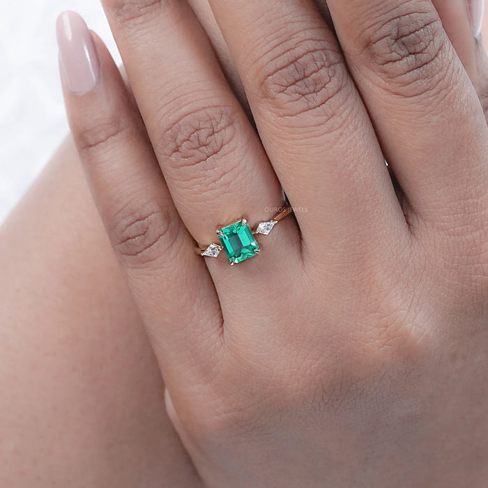 Emerald Gemstone And Kite Cut Three Stone Engagement Ring