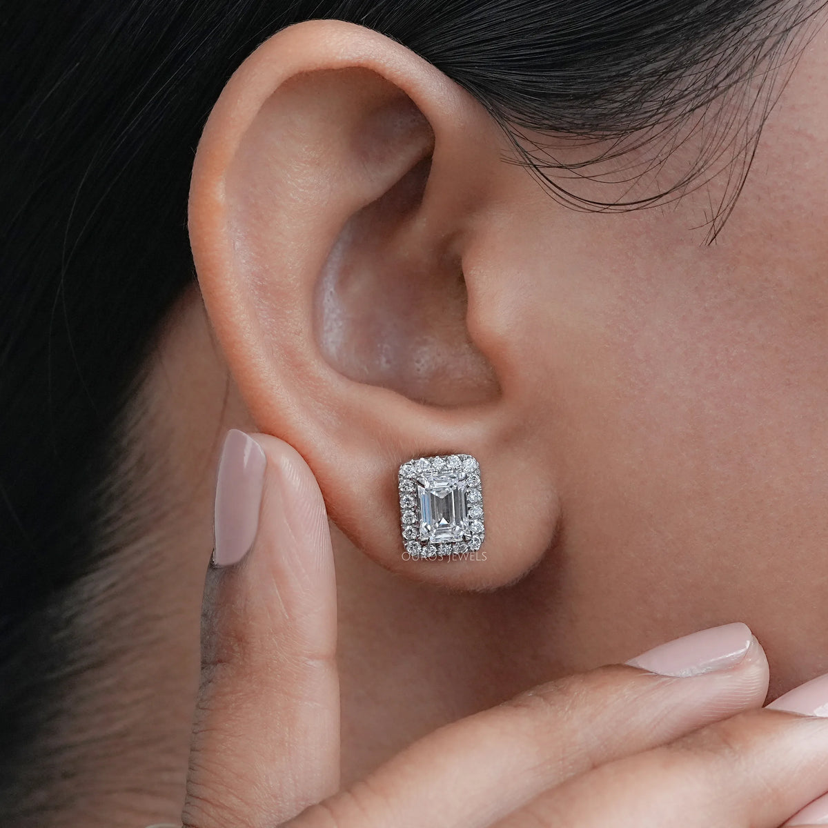 Emerald Lab Diamond Halo Stud Earrings Earring