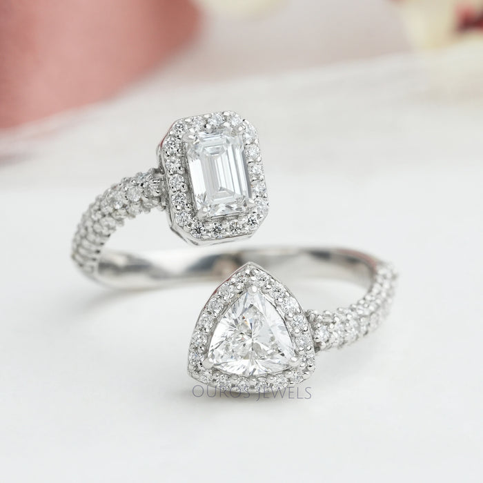 Emerald Cut and Trillion Halo Diamond Bypass Ring