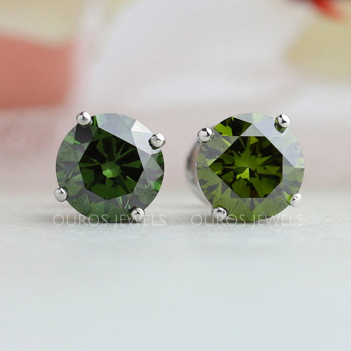 Green Round Cut Diamond Stud Earrings