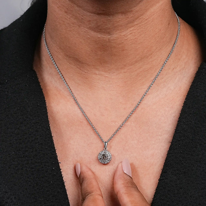 Double Halo Brown Round Cut Diamond Pendant