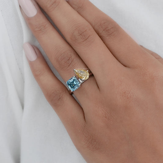 Asscher and Pear Toi Et Moi With Hidden Halo Ring Ring
