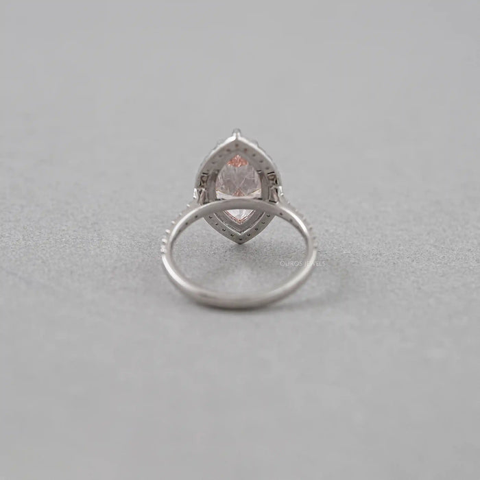 back view of pink marquise cut lab diamond halo engagement ring