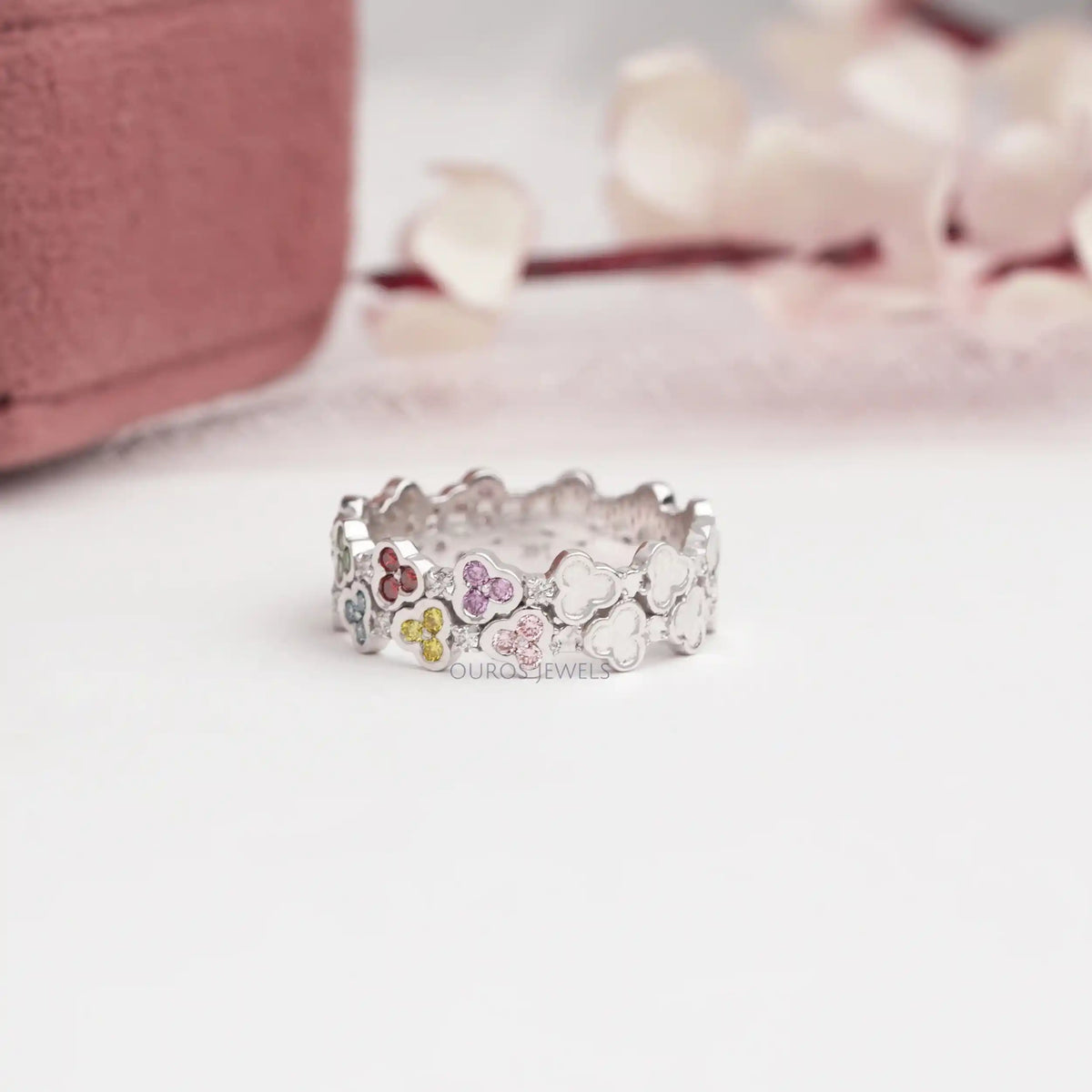 Rainbow Color Round Cut Lab Grown Diamond Wedding Band Ring