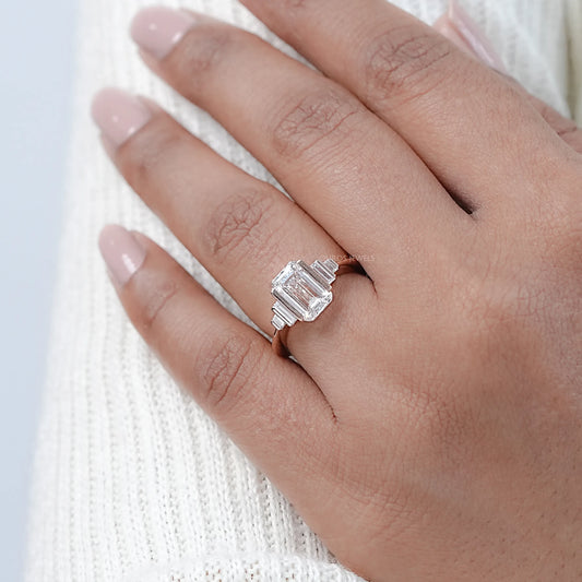 Emerald Half Bezel Set Baguette Diamond Engagement Ring Rings