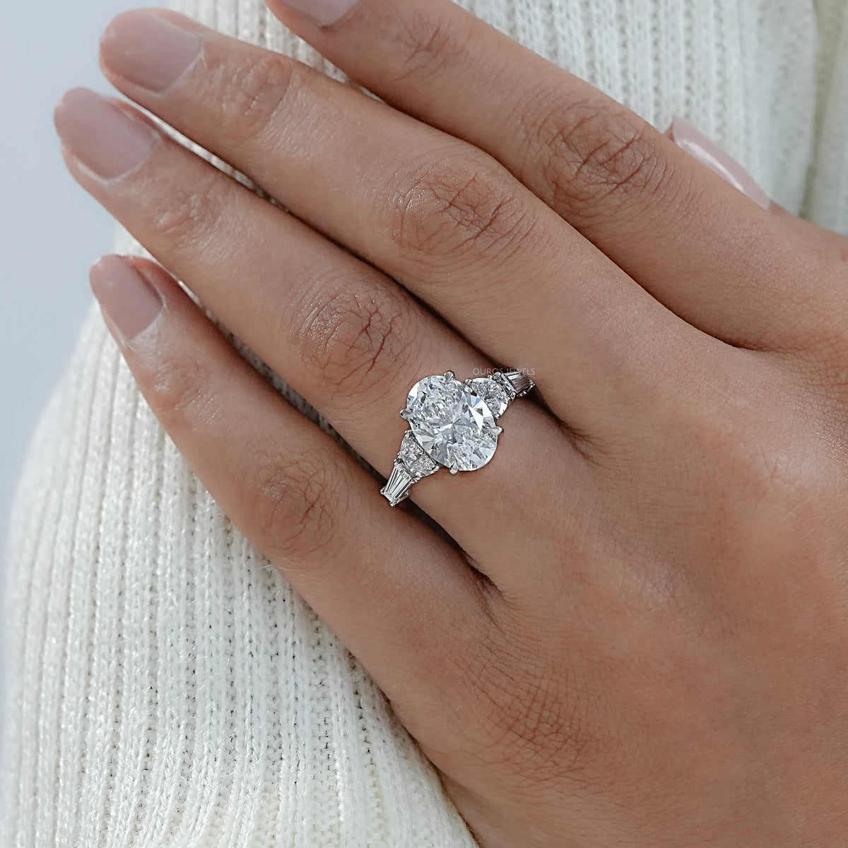 Oval And Half Moon Diamond Five Stone Engagement Ring Rings