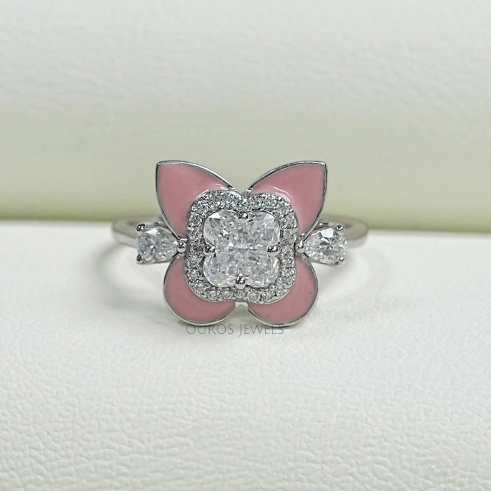 Floral Diamond with Pink Enamel Ring