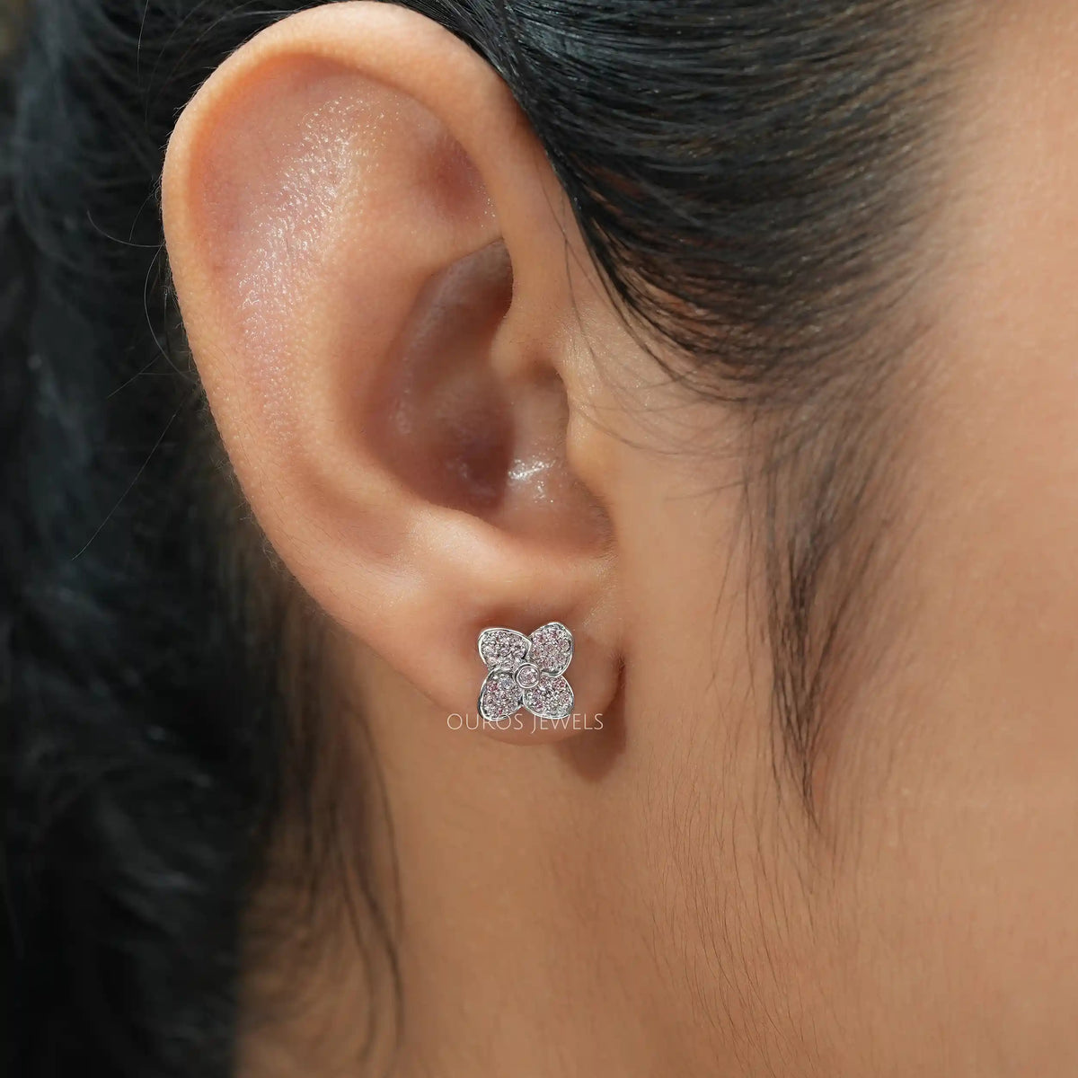 Flower Shape Pink Round Cut Lab Diamond Stud Earrings