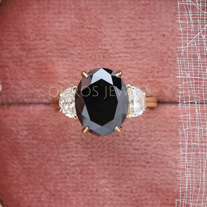 Three Stone Black Oval Cut Lab Diamond Engagement Ring