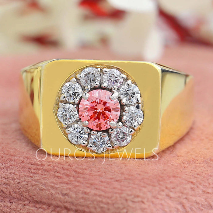 Pink Round Cut Diamond Halo Men's Ring