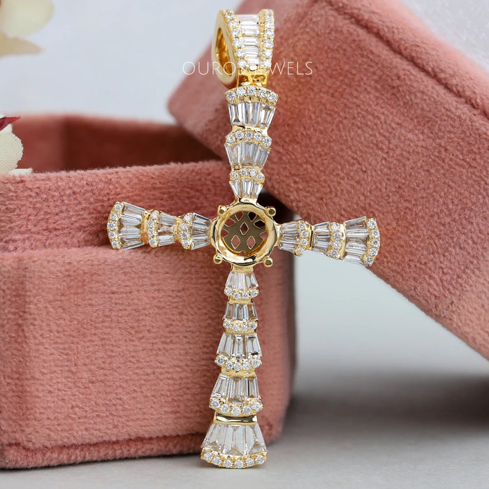 Baguette And Round Lab Diamond Cross Pendant