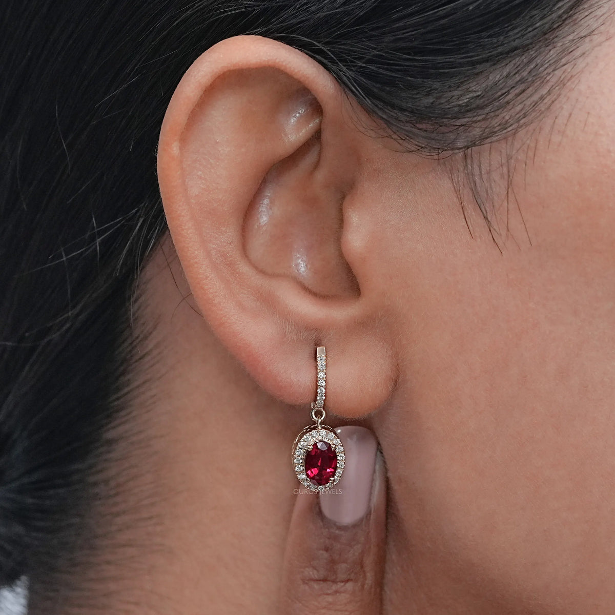Ruby Oval Cut Halo Drop Dangle Earrings Earrings