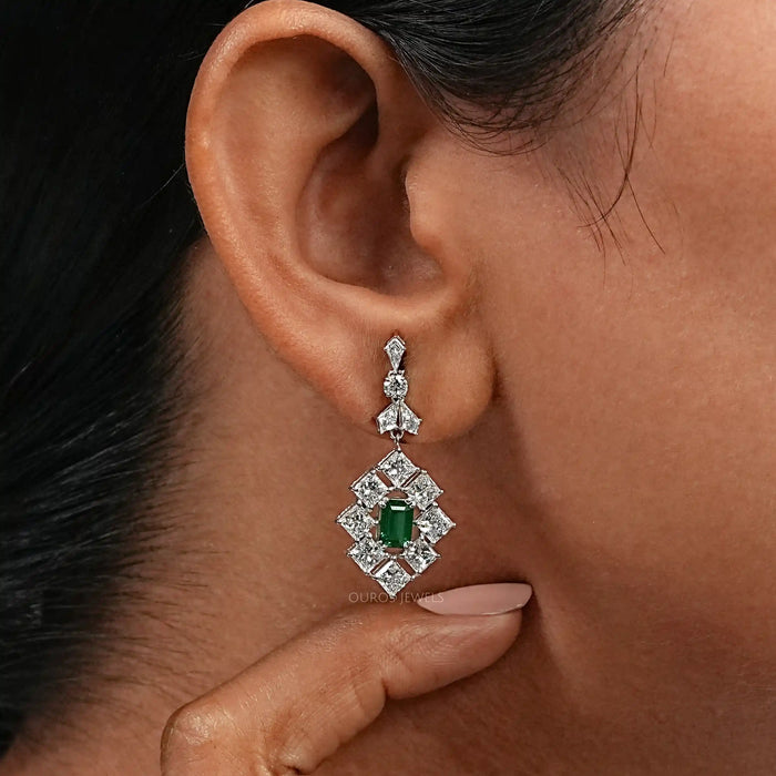 Green Gemstone And Princess Halo Earrings