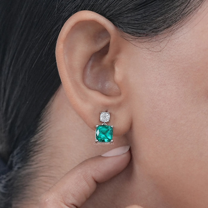 Green Cushion Gemstone Drop Earrings
