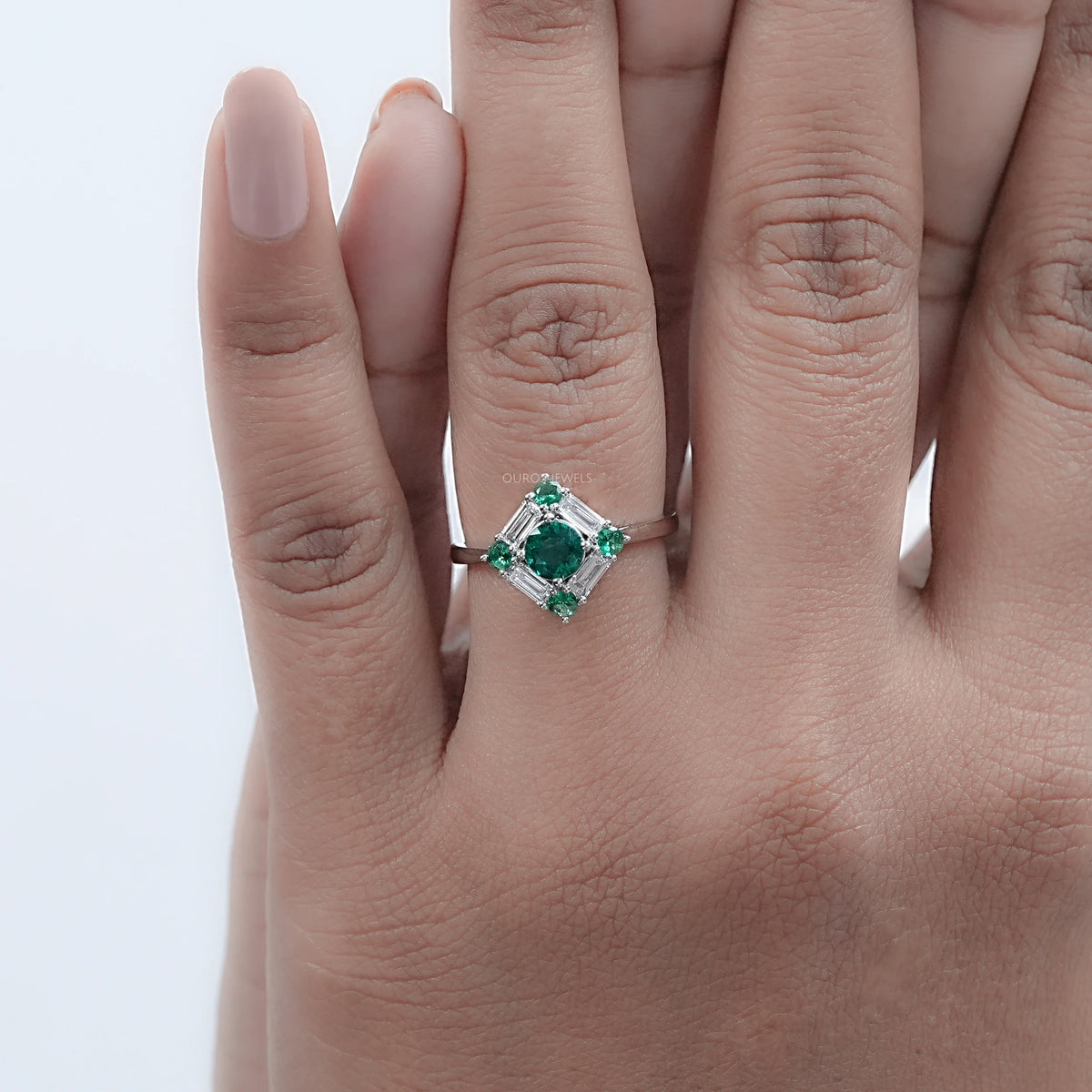 Green Round And Baguette Diamond Halo Engagement Ring