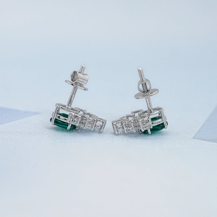 Green Oval  And Pear Lab Diamond Floral Stud Earrings