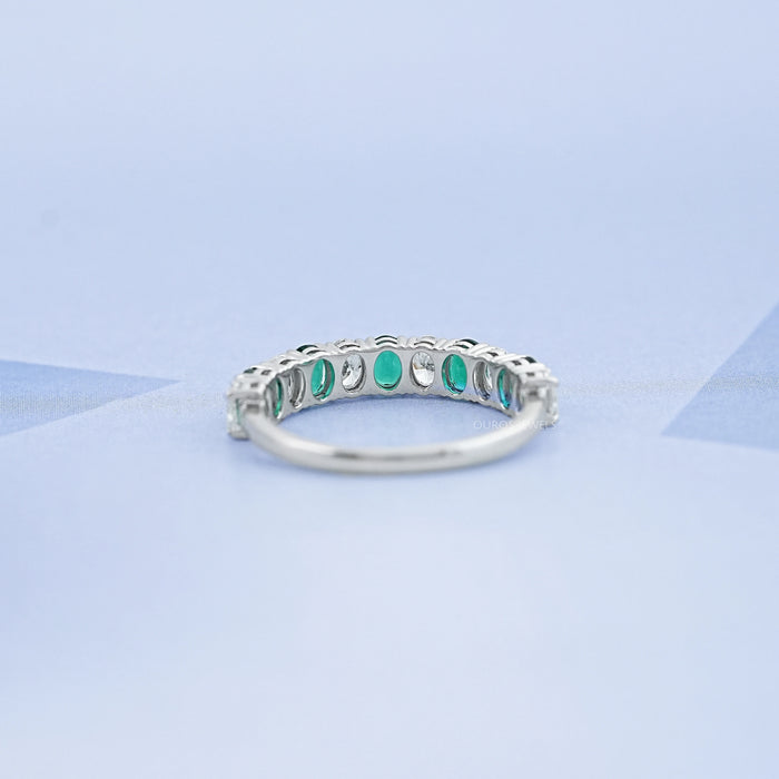 Green Oval Gemstone Half Eternity Wedding Band