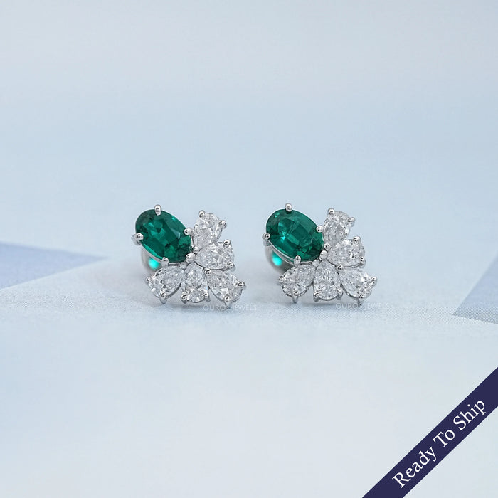 Green Oval And Pear Lab Diamond Floral Stud Earrings