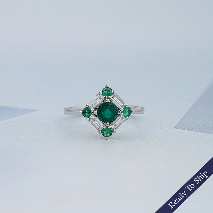 Green Round And Baguette Diamond Halo Engagement Ring