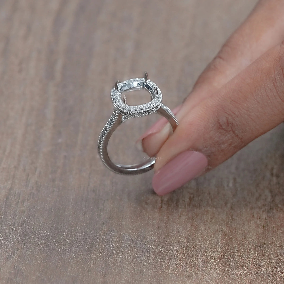 Cushion Shape Halo With Accent Semi mount Ring