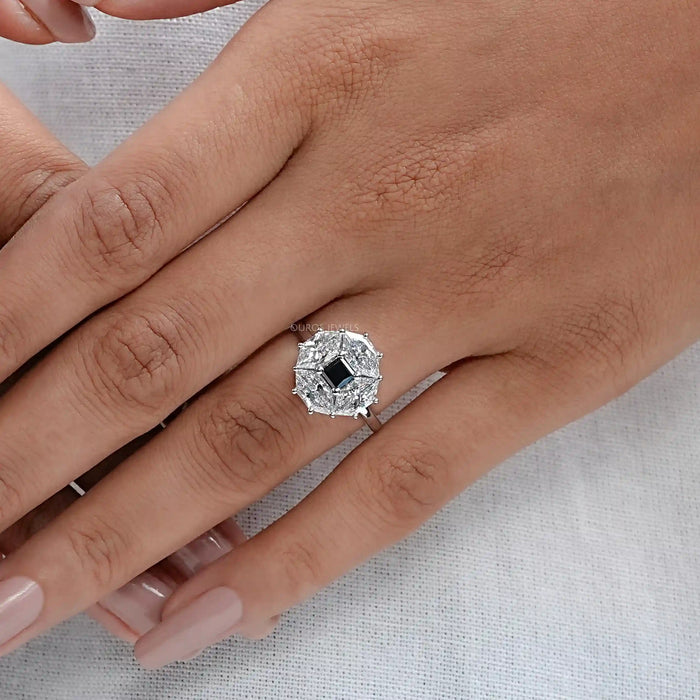 princess cut diamond dutch marquise halo engagement ring on model's hand