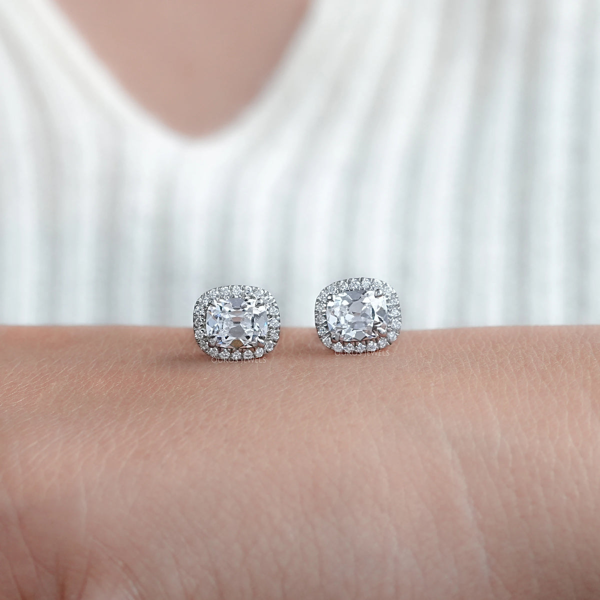 Old Mine Cushion Cut Halo Stud Earrings Earrings