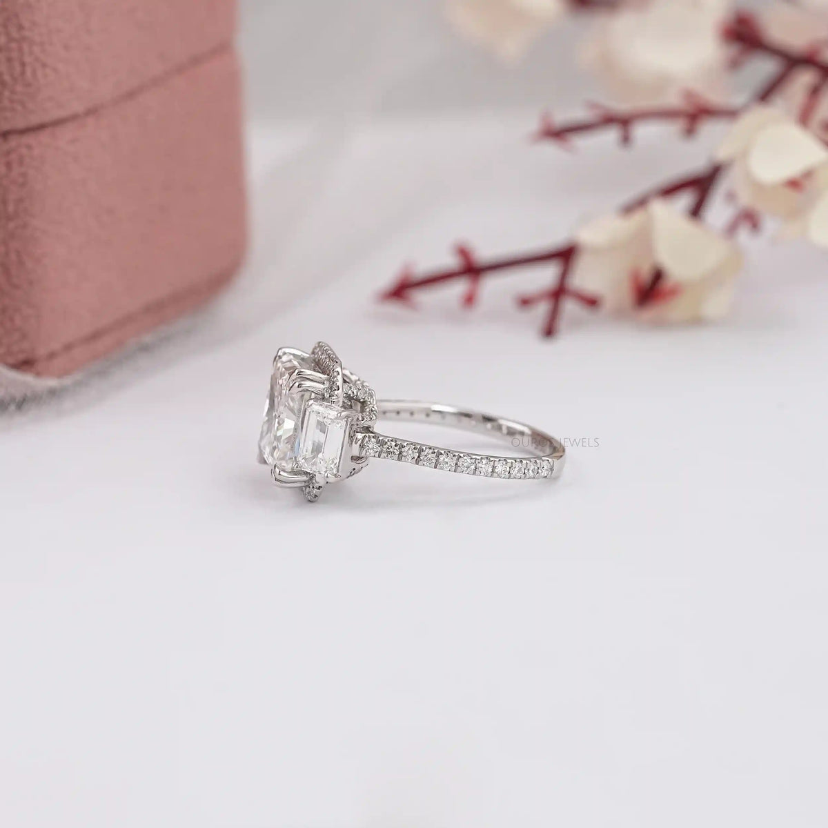 Square Radiant Cut Three Stone Halo With Accent Ring Rings