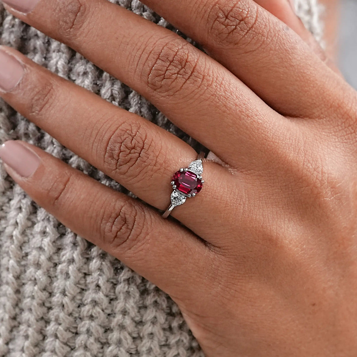 Oval Cut Red Ruby Three Stone Ring Ring