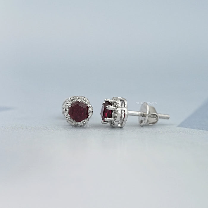 Hexagon Cut Red Ruby Gemstone Halo Stud Earrings
