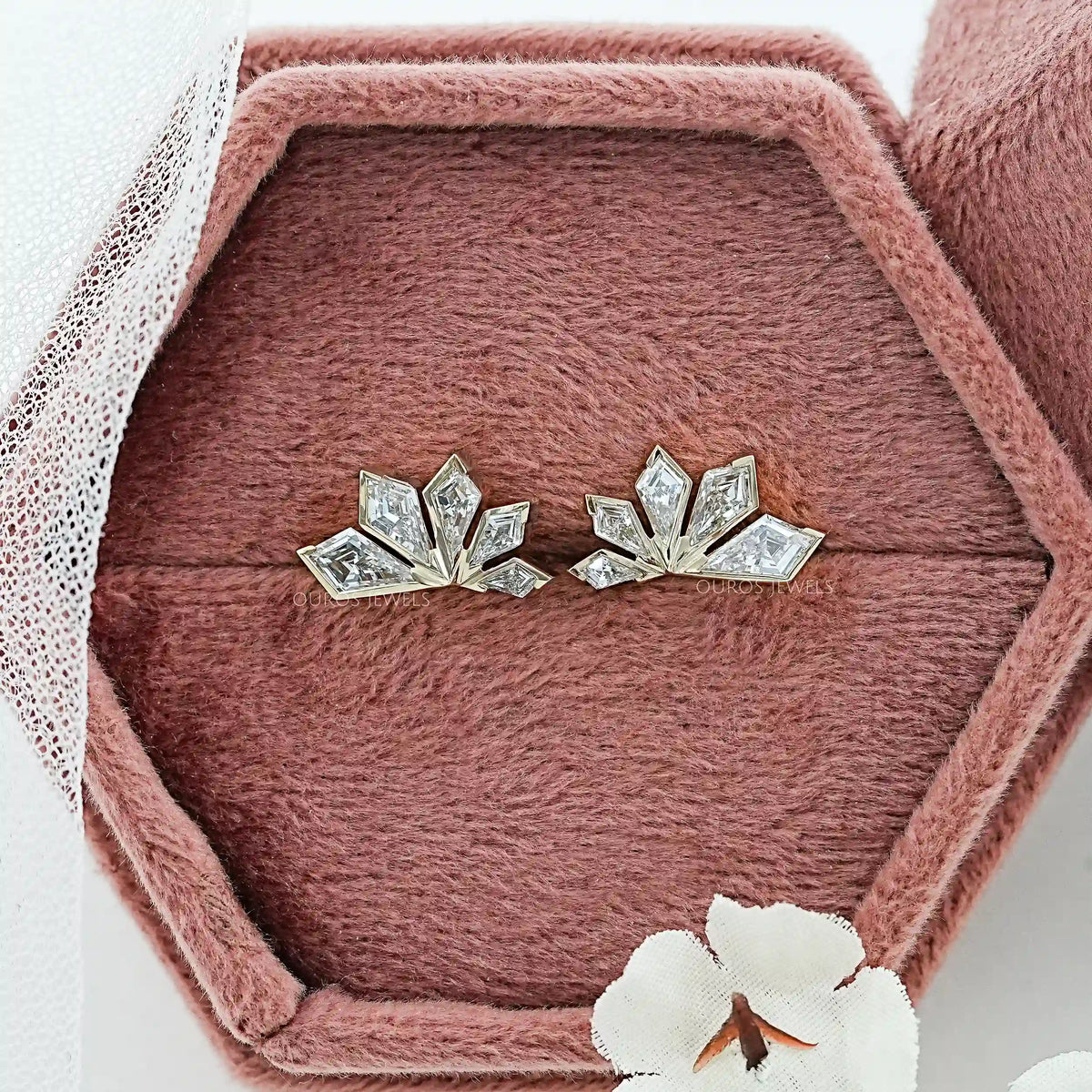 Step Cut Kite Half Bezel Fan Shape Stud Earrings