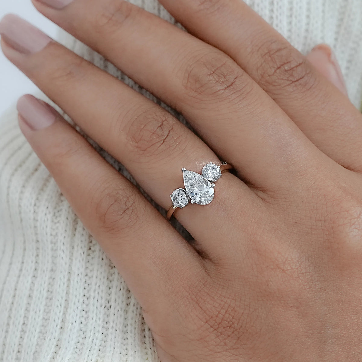 Three Stone Pear Diamond Hidden Halo Engagement Ring Rings