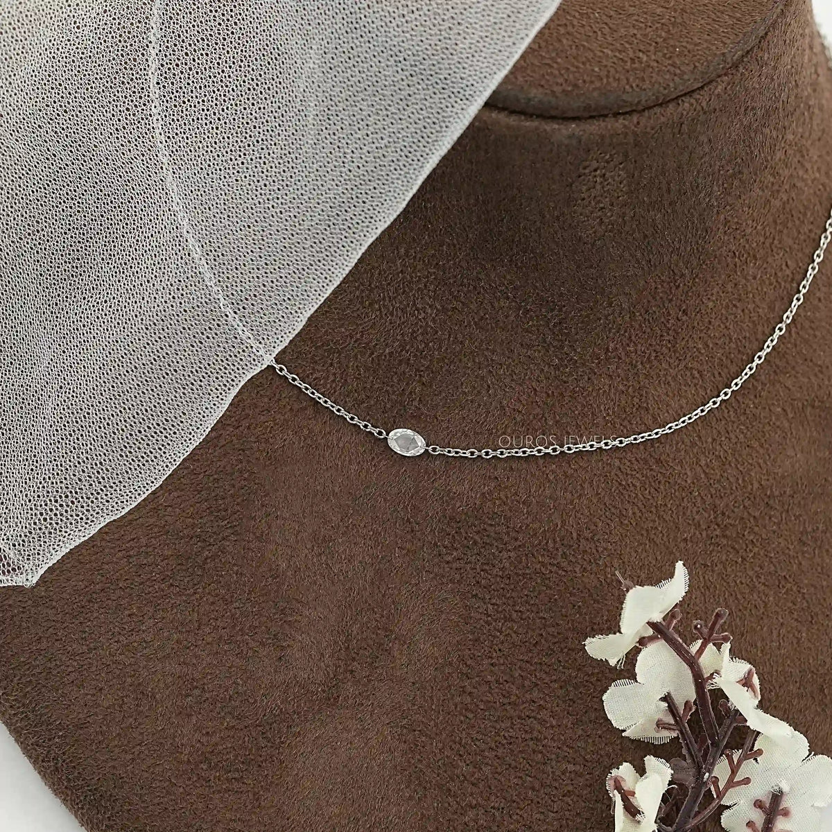 East West Rose Cut Oval Diamond Solitaire Necklace Necklaces