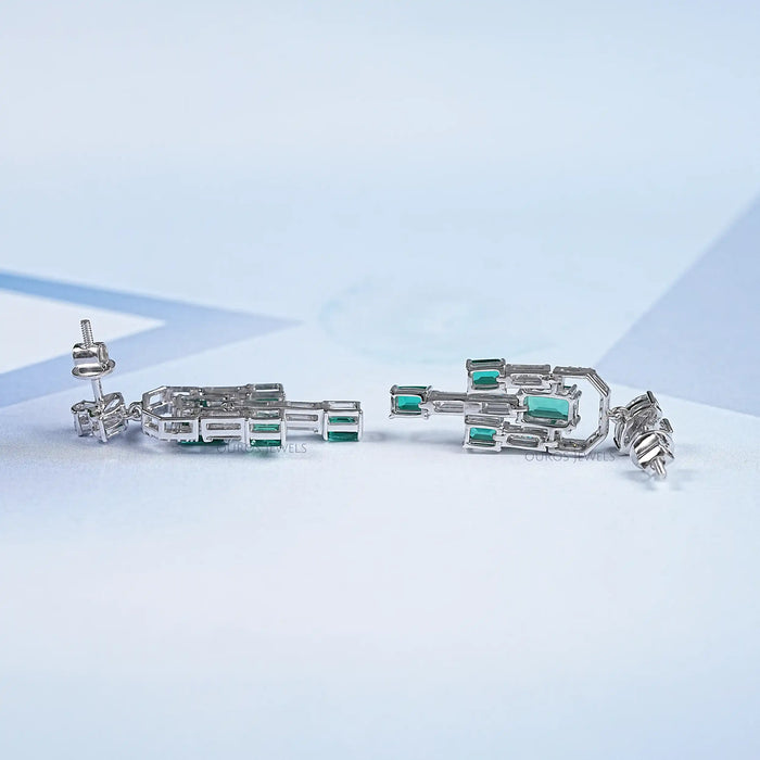 Green Emerald And Diamond Linear Drop Earrings