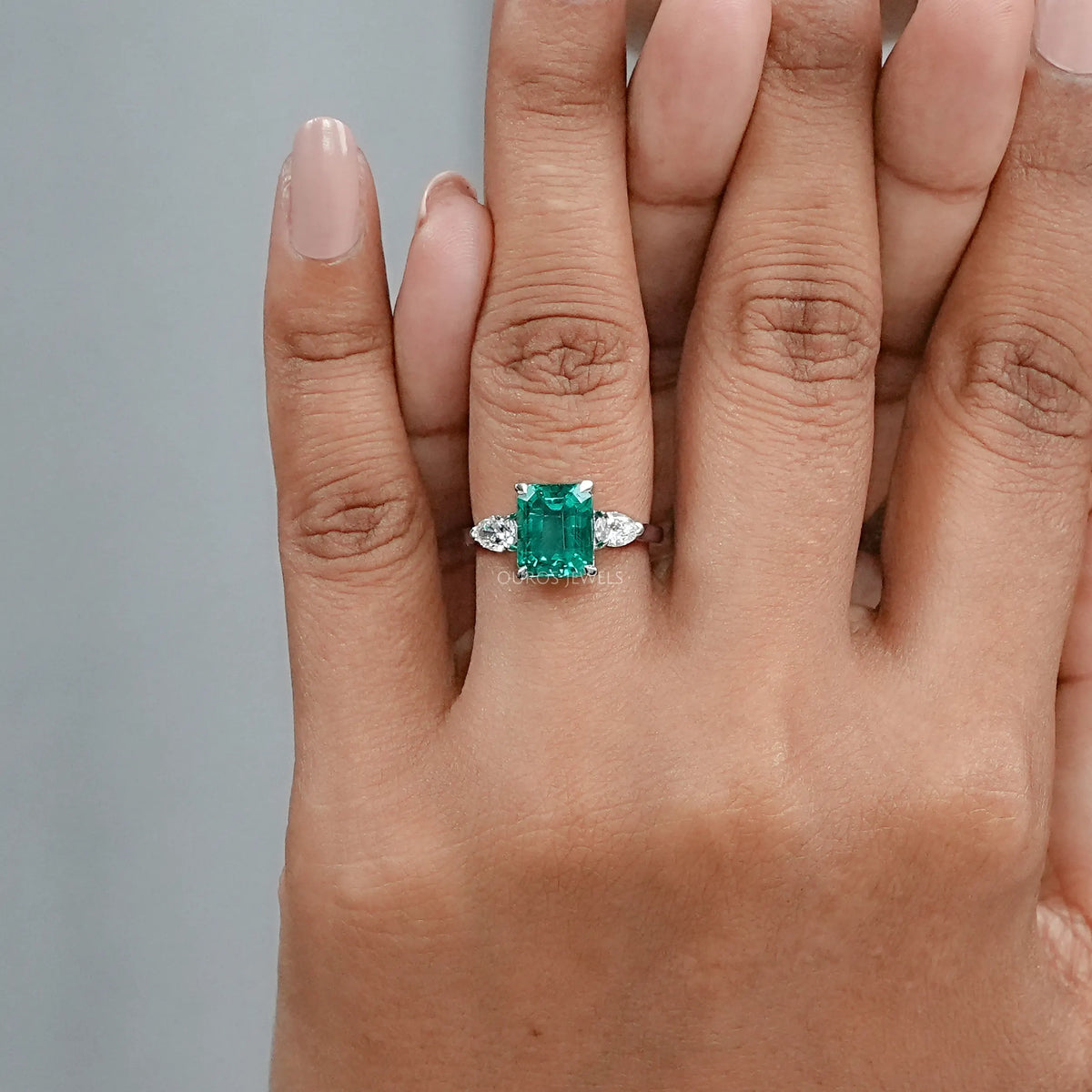 Three Stone Green Emerald Engagement Ring