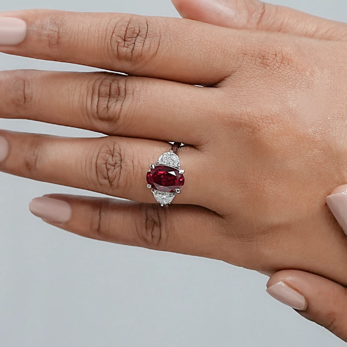 3 Stone Oval Ruby And Half Moon Diamond Ring