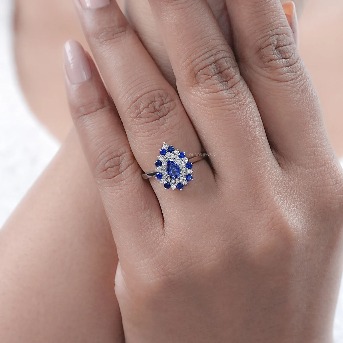 Sapphire Pear And Double Halo Engagement Ring