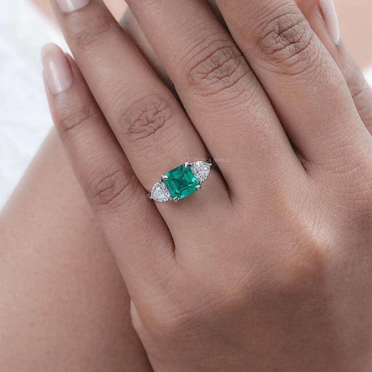 Green Asscher Gemstone Three Stone Engagement Ring Rings