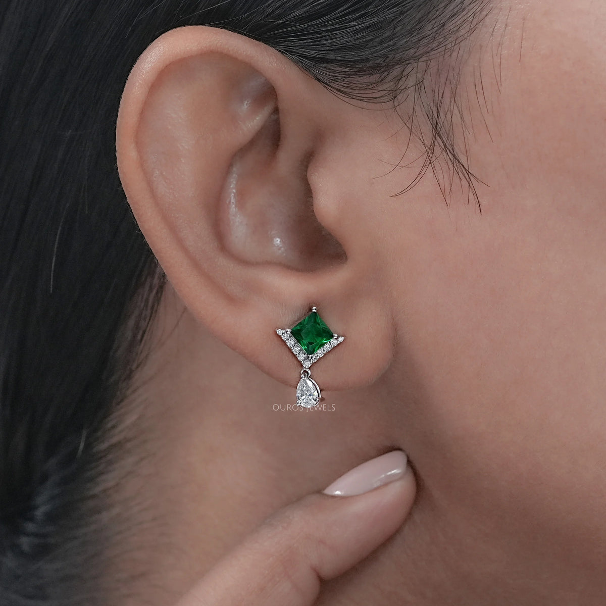 Green Princess Gemstone And Lab Diamond Drop Earrings