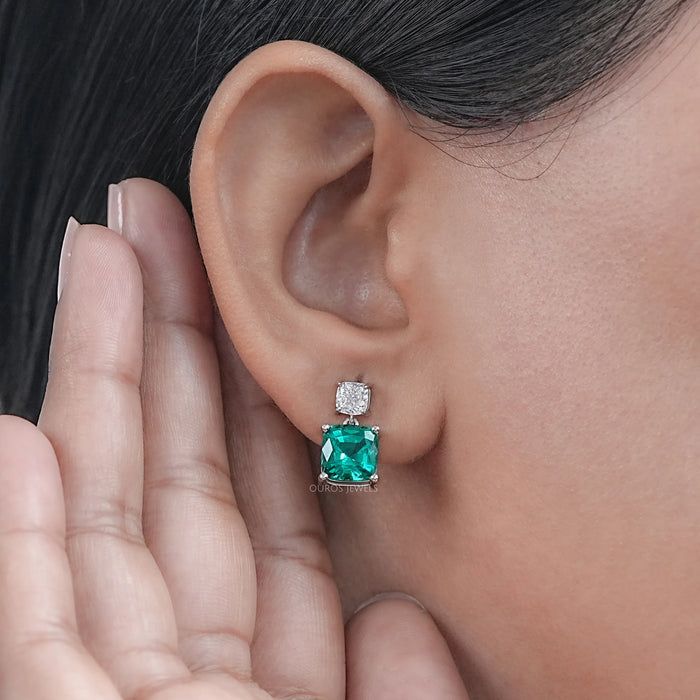 Green Cushion Gemstone Drop Earrings