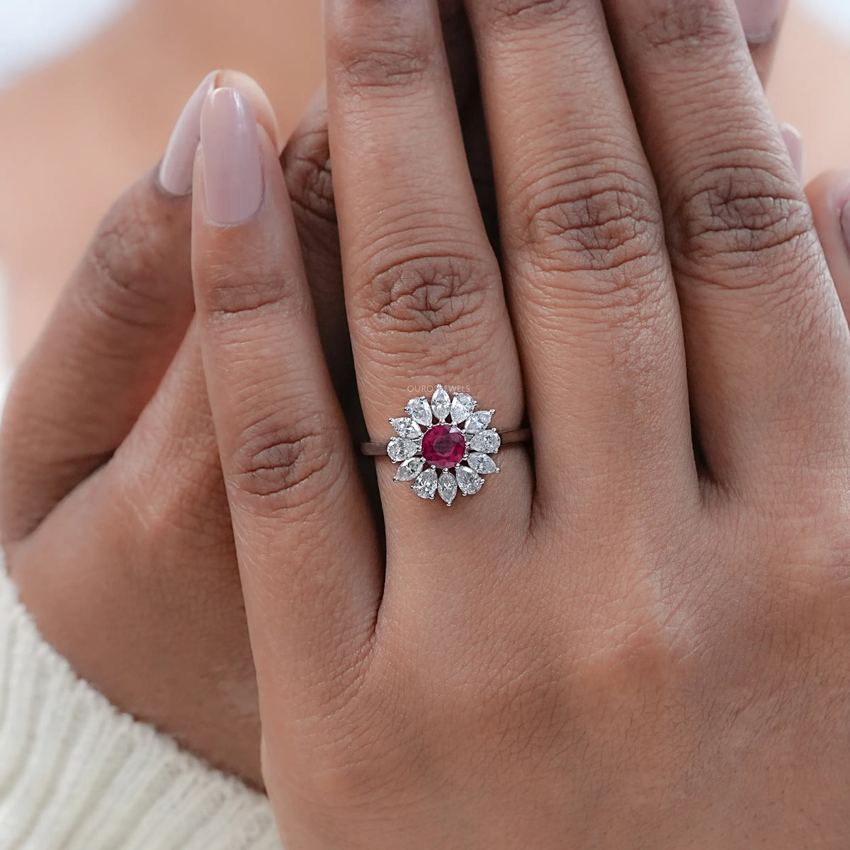 Ruby Round And Lab Diamond Floral Halo Engagement Ring