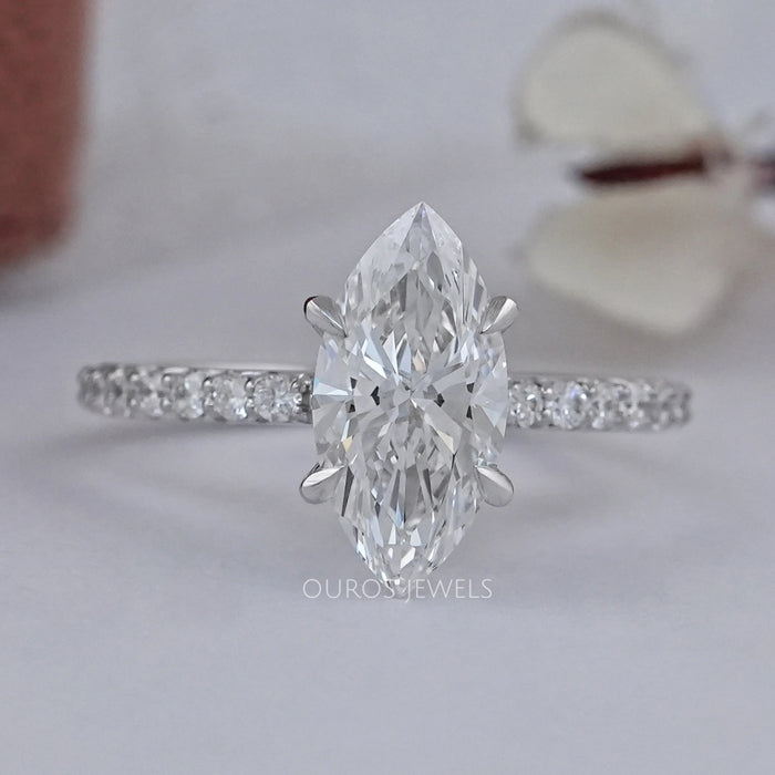 Marquise Diamond Solitaire Accent Hidden Halo Engagement Ring