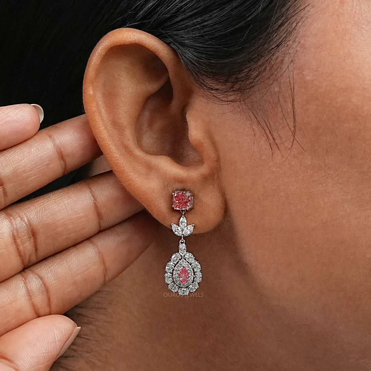 Pink Diamond Double Halo Pear Dangle Earrings Earrings