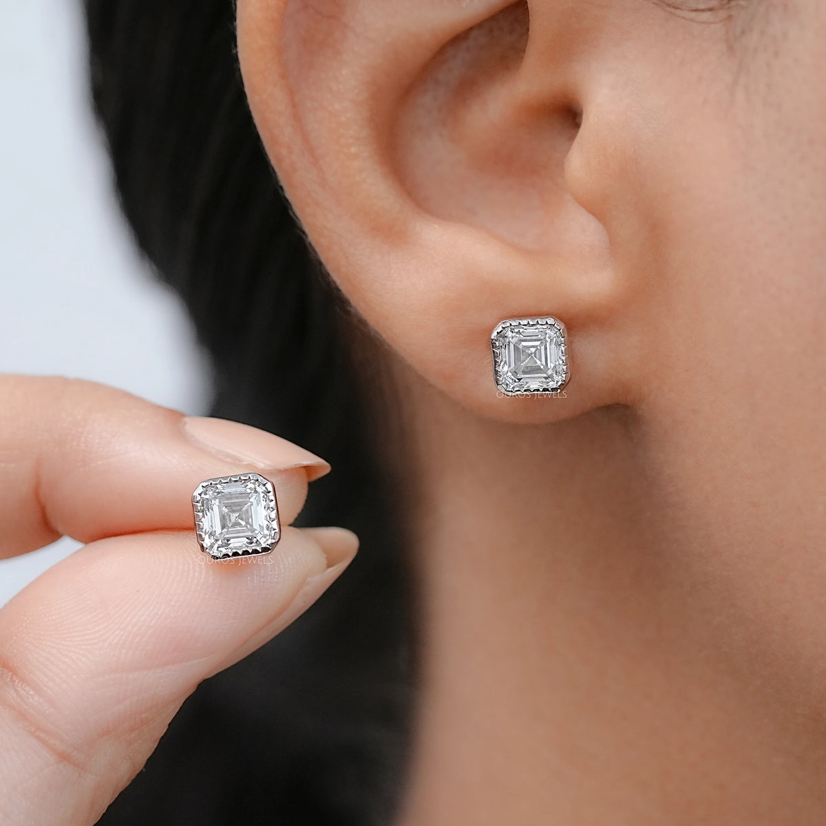 Milgrain Set Asscher Lab Diamond Stud Earrings Earrings